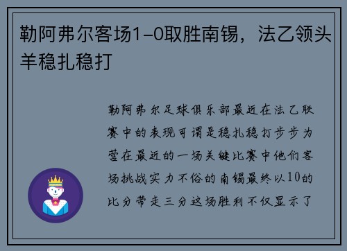 勒阿弗尔客场1-0取胜南锡，法乙领头羊稳扎稳打